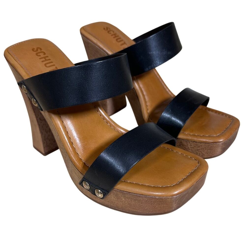 Schutz Wooden Bottom Heeled Sandals Aryana Black Women's Size 5B New in Box